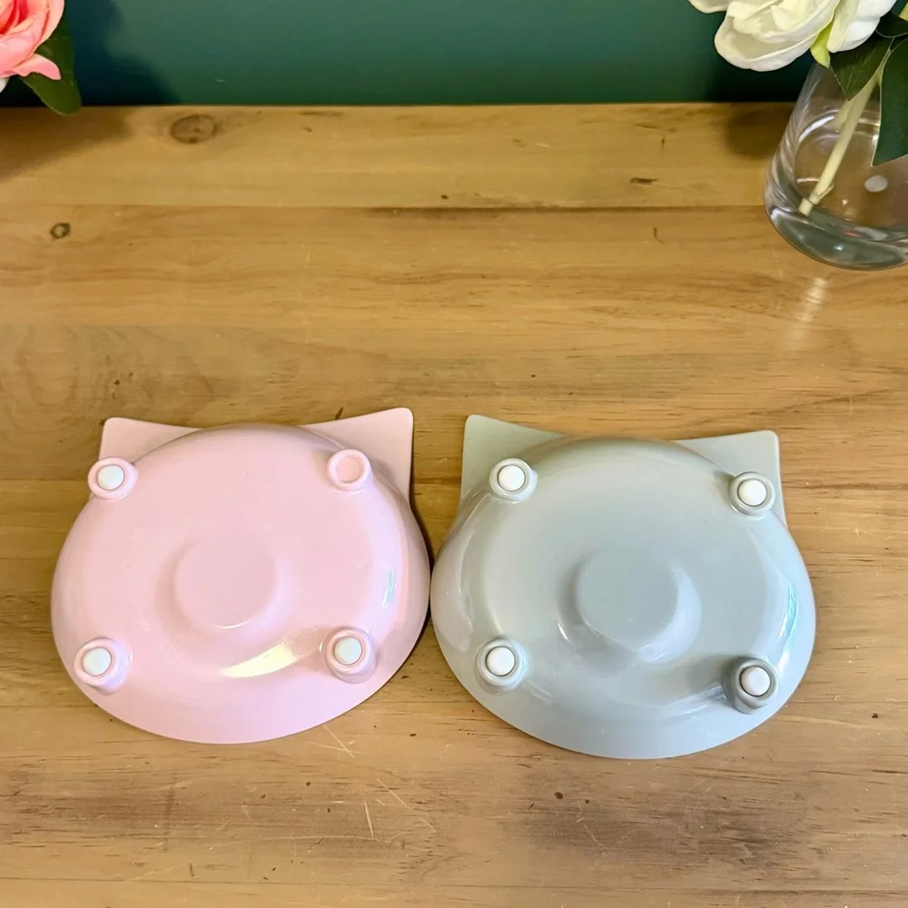 Pastel Cat Bowl Set Raised Kitty Ear Dishes Pink Gray Elevated Feeder Bowls